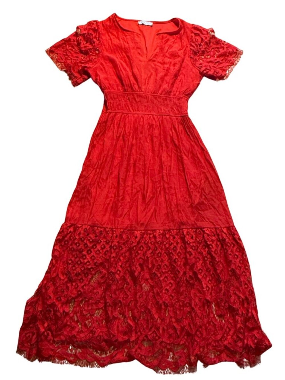 J Gee Women's Maxi Dress Red V-Neck Lace Semi Sheer Short Sleeve Boho Romantic